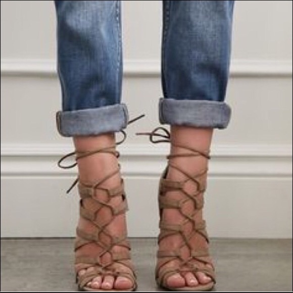 Nude suede lace up heels