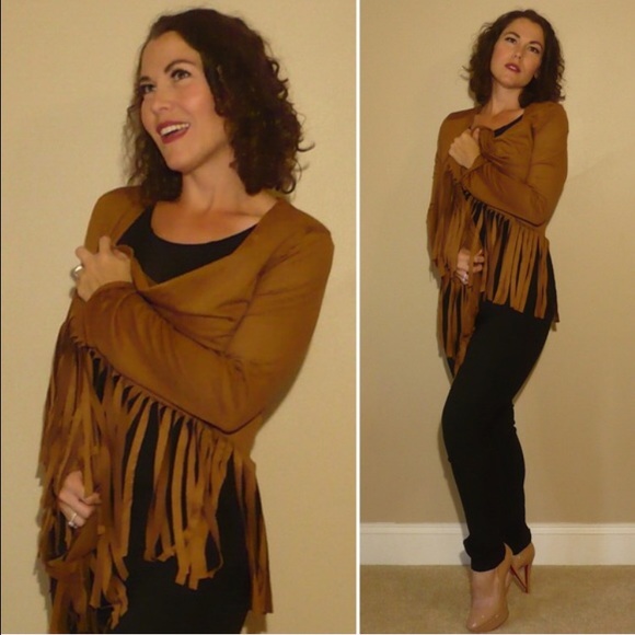 Bohemian Cardigan Fringe Brown Suede Boho Layered - Picture 2 of 4