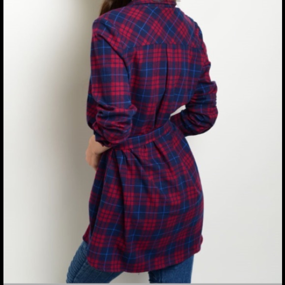 Plaid Dress Flannel Tunic Cozy Belt Button Up - Picture 3 of 3