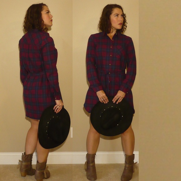 Plaid Dress Flannel Tunic Cozy Belt Button Up - Picture 2 of 3