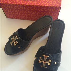 Tory Burch Black and Gold Wedges Patti Style