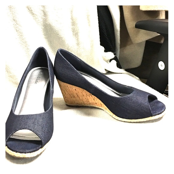 Kelly &Katie denim peep toe cork wedge shoes