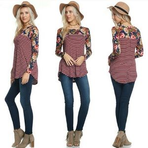 Floral & Stripe Pattern Mixed Top