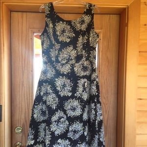 Black dress with yellow grey and white detail