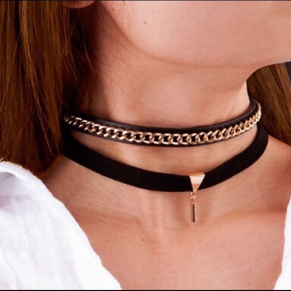 Black Faux Suede Choker with Gold Pendant - Picture 4 of 4