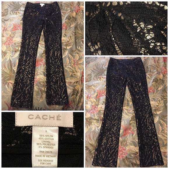Cache Black & Gold Lace Pants, size 0