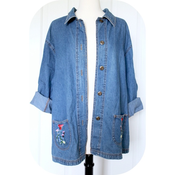 Floral Embroidered Cotton Denim Jacket - Picture 1 of 4