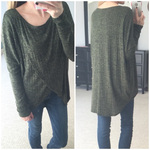 LAST ITEM▫️Olive Ribbed Cross Front Long Sleeve - Picture 2 of 4
