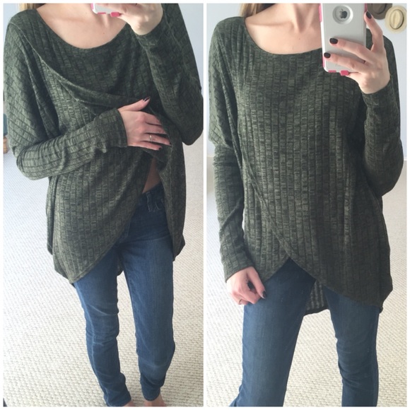 LAST ITEM▫️Olive Ribbed Cross Front Long Sleeve - Picture 4 of 4