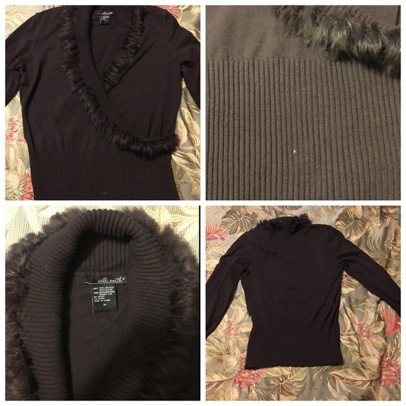 Brown mock wrap faux fur lined sweater. Medium - Picture 3 of 4