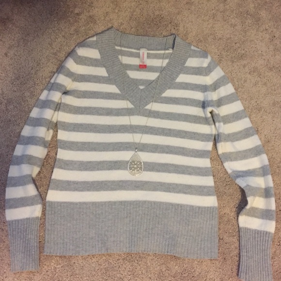 Gray and White Striped V-neck Sweater