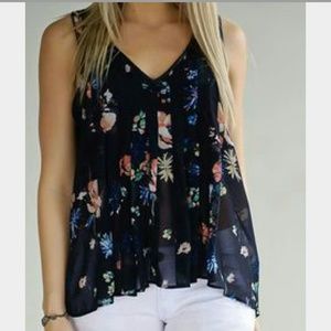 Faux leather trim floral blouse