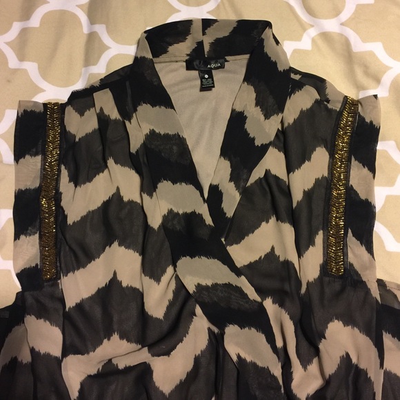 Chevron Print Dress W/ Beaded Sleeve Detail