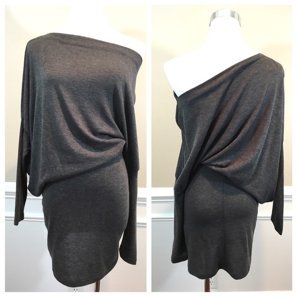 Grey Long Sleeved Dolman Mini Dress - Picture 2 of 3