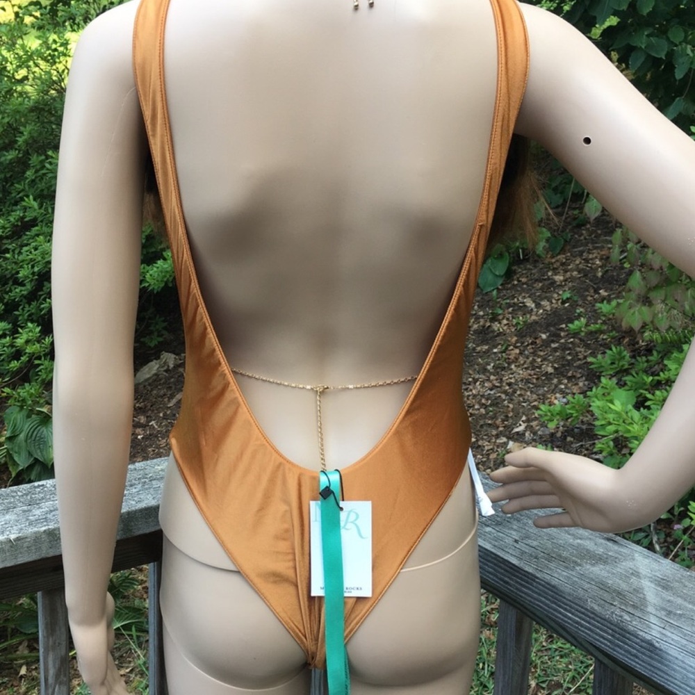 . Mistress Rocks Sexy Tan Gold Open Back Deep Plunging V-Neck Bodysuit - Picture 7 of 10