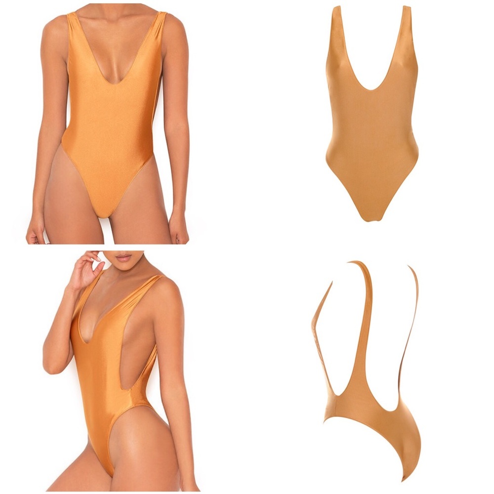 . Mistress Rocks Sexy Tan Gold Open Back Deep Plunging V-Neck Bodysuit - Picture 4 of 10