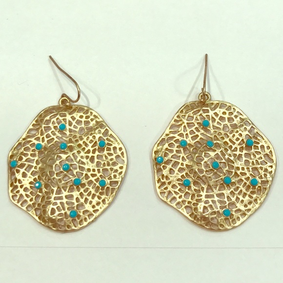 NWOT gold earrings with turquoise color beads