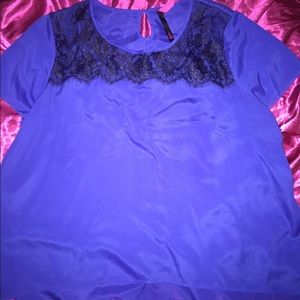 Blue satin top with black lace