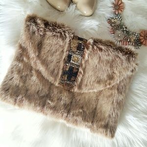 Luxurious beaded faux fur envelope clutch BNWOT