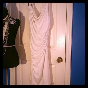 Ruched white dress with silver shoulder adornment