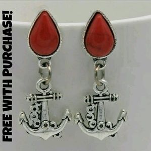❌️SOLD Silver & Red Anchor Nautical Earrings