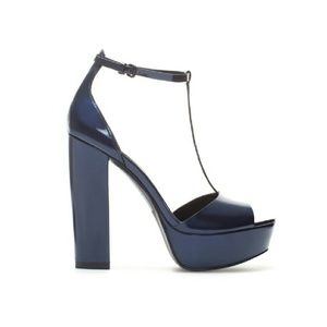 NWT Zara T-Strap Platform in Blue Patent.