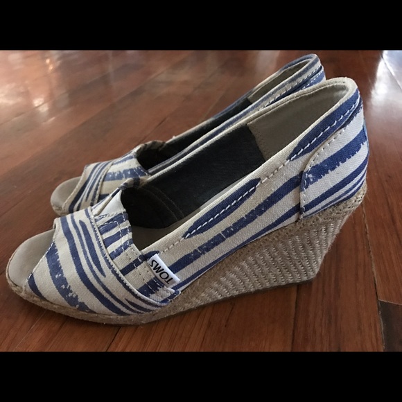 Toms - Blue and White Canvas Wedge Sandals - Picture 1 of 3