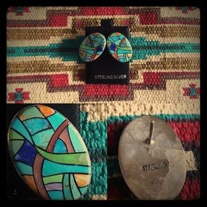 Multi Gemstone Inlaid Zuni Earrings