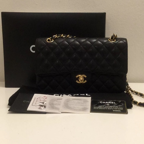 CHANEL Caviar classic double flap m/d bag gold
