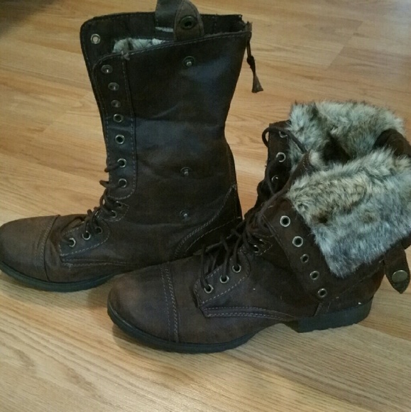 Brown fur boot, brown lace up boots