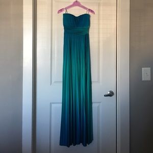 Blue and teal long strapless gown with tie