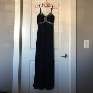 Dark navy chiffon beaded bust strapless dress