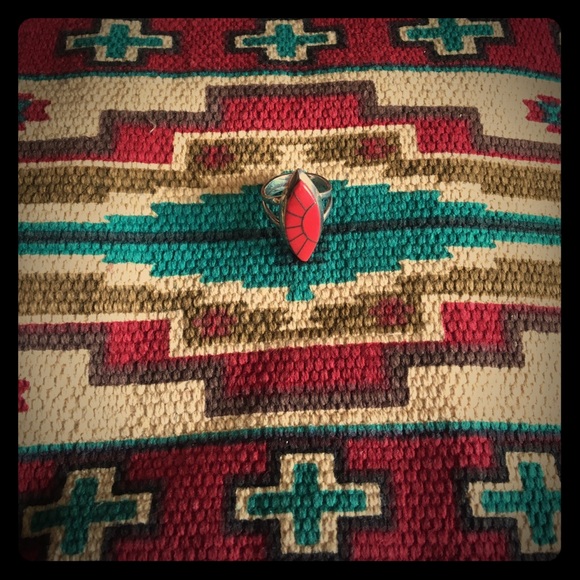 Coral Silver Inlaid Ring 14