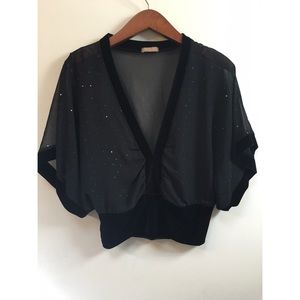 Black Sheer Wide Arm Blouse w/ Velvet Trim S