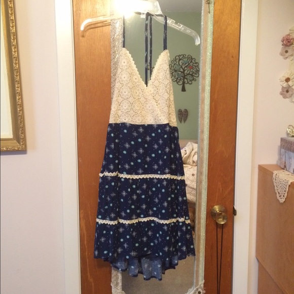 Bohemian Halter Dress, Tiered Skirt, Crochet Top - Picture 2 of 5