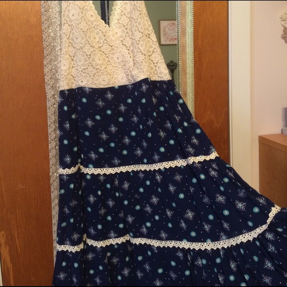 Bohemian Halter Dress, Tiered Skirt, Crochet Top - Picture 3 of 5