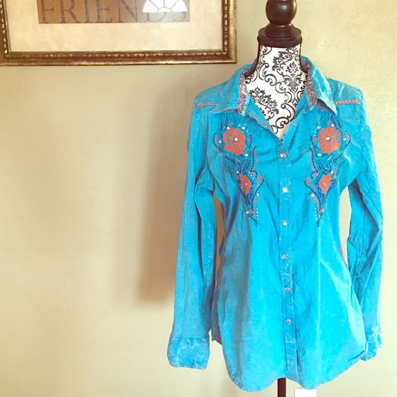 Blue and Orange Sequin ROAR snap down long sleeve