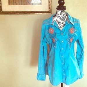 Blue and Orange Sequin ROAR snap down long sleeve