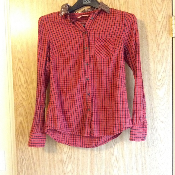 Red Plaid Button Up Shirt With Sequin Collar
