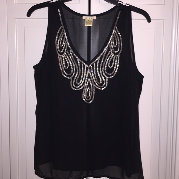 Sleeveless Black Sheer Top with Silver Beading - M