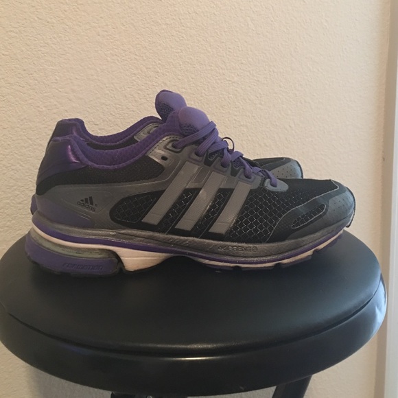 Purple,  black, and gray adidas shoes