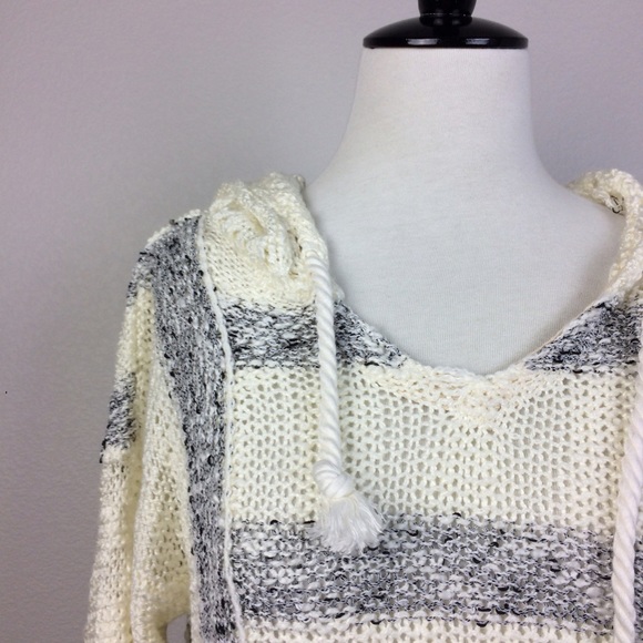 Cream hoodie knit top with gray stripes. - Picture 2 of 4