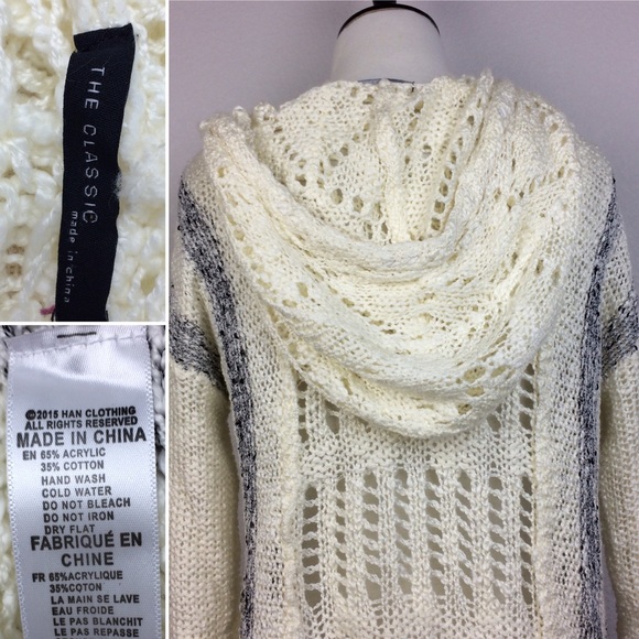 Cream hoodie knit top with gray stripes. - Picture 4 of 4