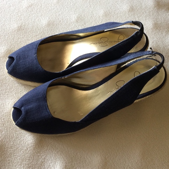 Peep toe wedges.