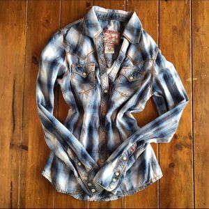 True Religion Betsy Big T Plaid Long Sleeve Top