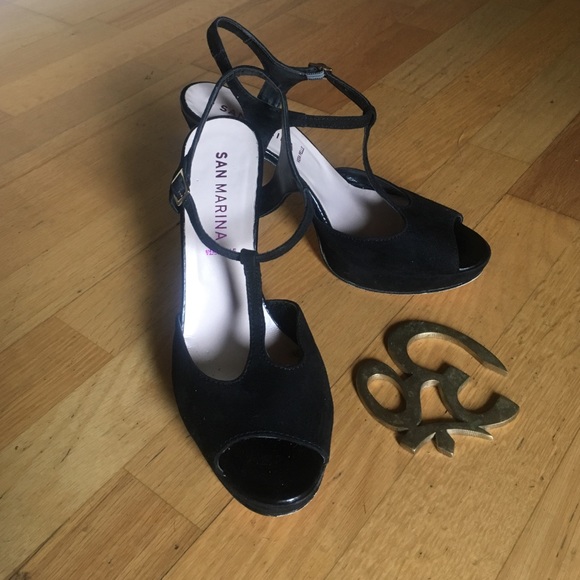 Black suede sling back platform peep-toe 4" heel