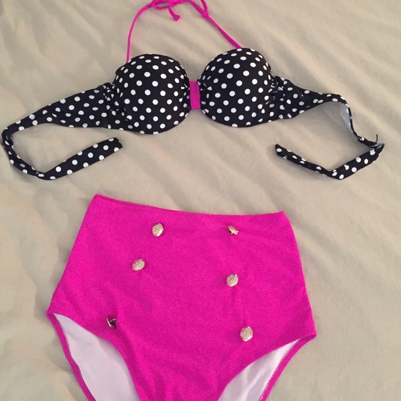Vintage style hot pink and black polka dot swimmy