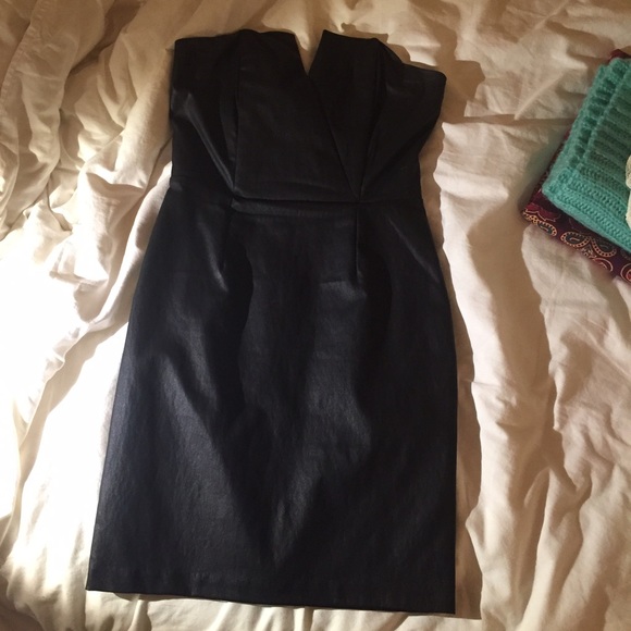 Black leathery strapless bodycon mini dress