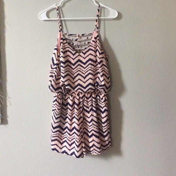 Light pink and navy ikat strap romper