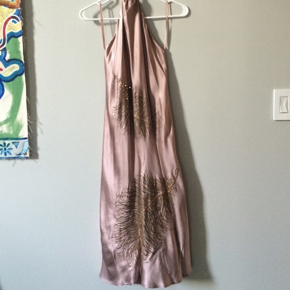 Mauve sateen gold leaf tie halter dress